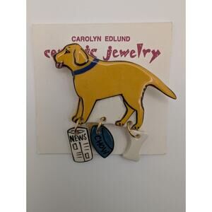 Vintage Signed Carolyn Edlund Ceramic Golden Retriever / Yellow Lab Pin New